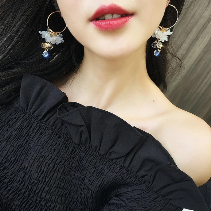 Beautiful Korean Flower Drop Hoop Earrings Showcasing Lovely Floral Accents