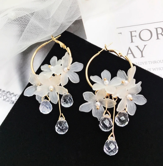 Beautiful Korean Flower Drop Hoop Earrings Showcasing Lovely Floral Accents