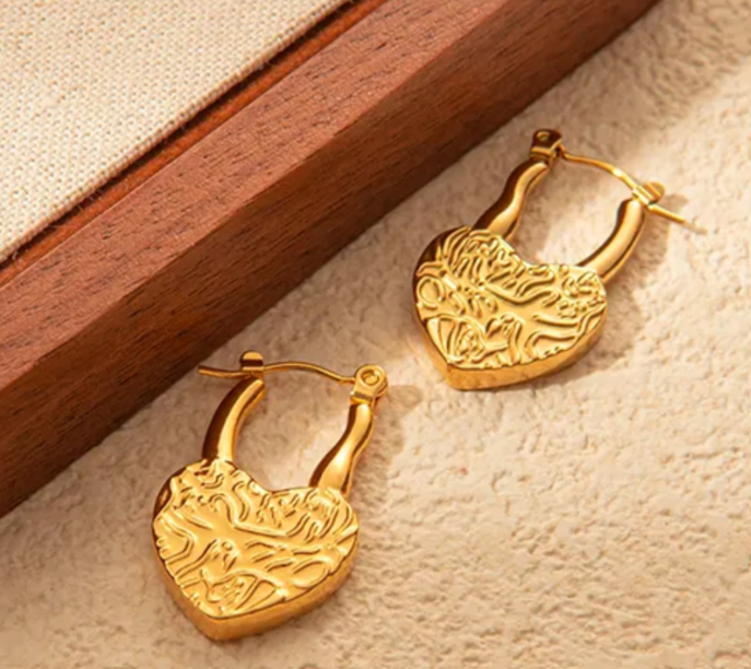 Textured Heart Lock Earrings with Intricate Detailing
