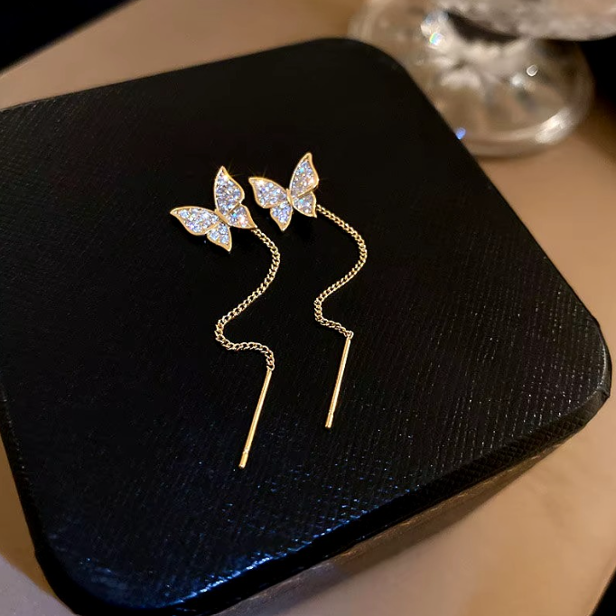 Beautiful Inlaid Zircon Butterfly Earrings with Delicate Tassels