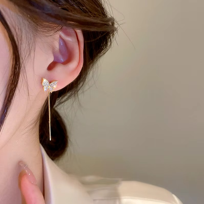 Beautiful Inlaid Zircon Butterfly Earrings with Delicate Tassels