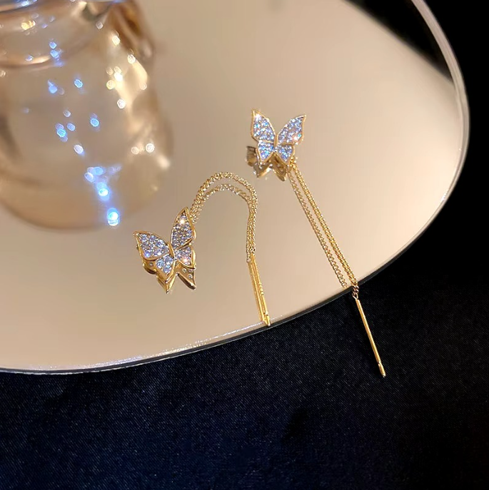 Beautiful Inlaid Zircon Butterfly Earrings with Delicate Tassels