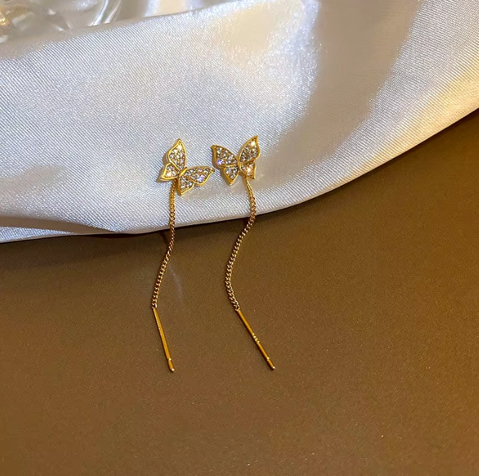 Beautiful Inlaid Zircon Butterfly Earrings with Delicate Tassels