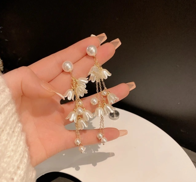 Beautiful Long Earrings with Lily Flower Tassels