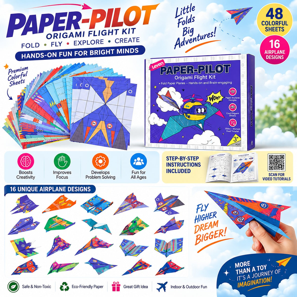 3D Paper Colorful Origami Airplane Folding Set for Kid