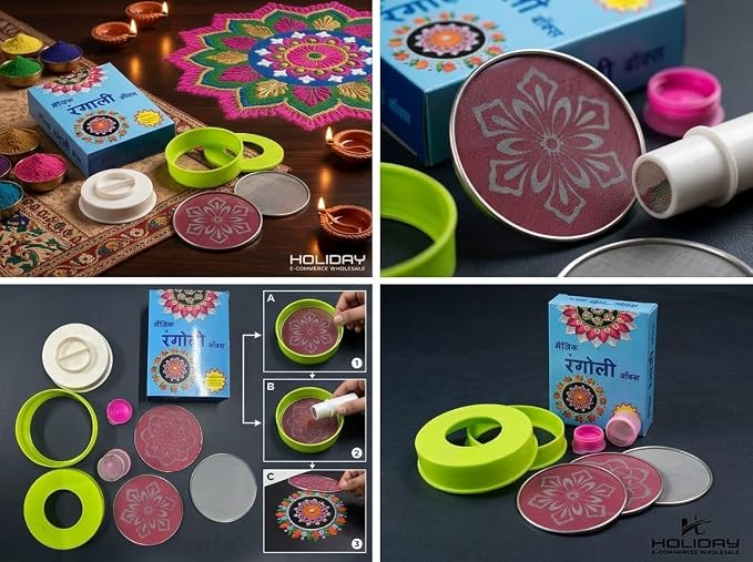 Magic Rangoli Making Kit Box with Tool, 4-Inch Printed & Plain Jali Stencils