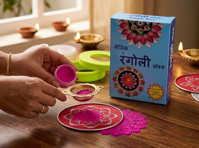 Magic Rangoli Making Kit Box with Tool, 4-Inch Printed & Plain Jali Stencils