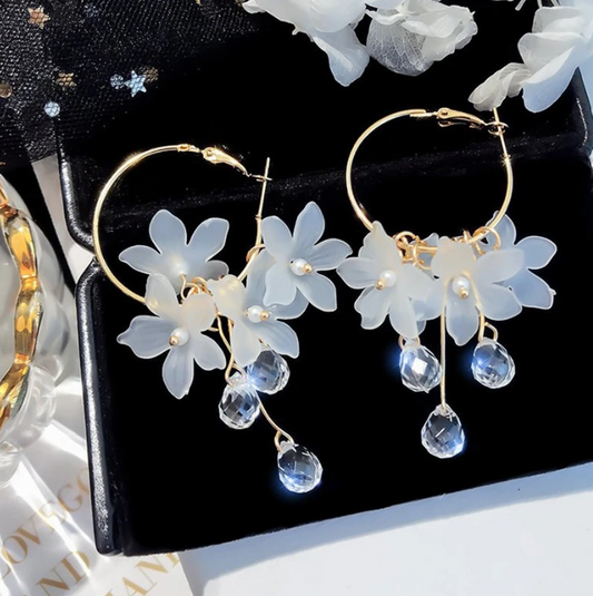 Beautiful Korean Flower Drop Hoop Earrings Showcasing Lovely Floral Accents