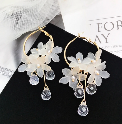 Beautiful Korean Flower Drop Hoop Earrings Showcasing Lovely Floral Accents