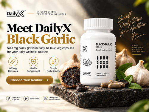 DailyX Black Garlic 500 mg landing page hero with bottle and black garlic