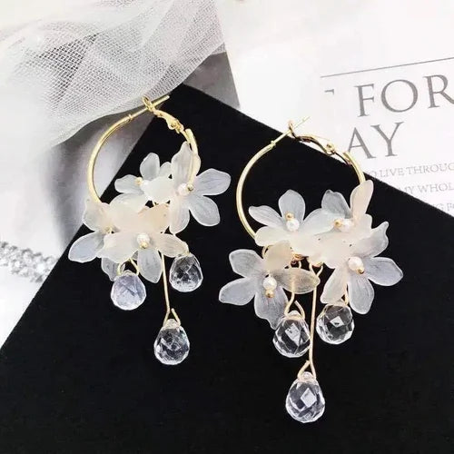 White Korean flower drop hoop stainless steel earrings for women