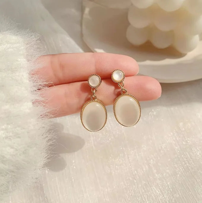 White opal oval drop stainless steel earrings for women