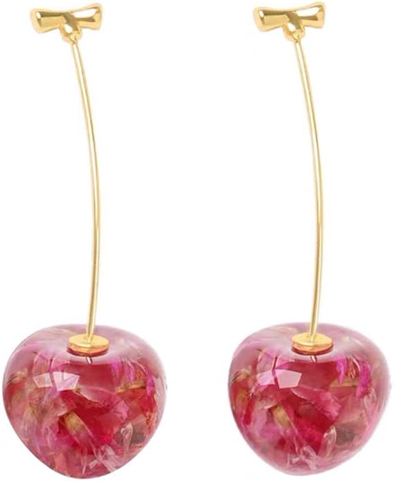 Red rose petal resin art cherry stainless steel earrings for women
