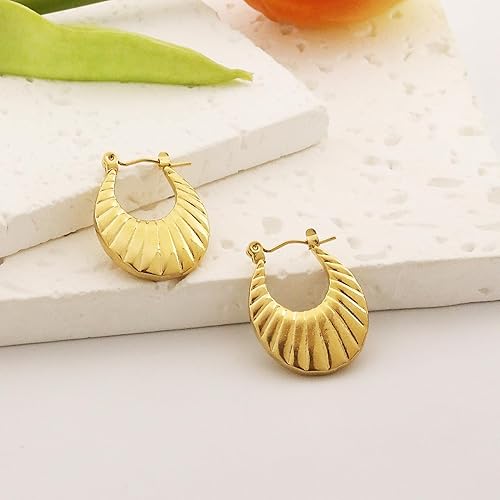 Golden brass textured hoop earrings for women